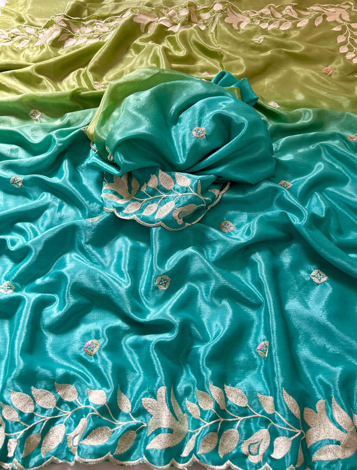 New Partywear Soft Chinnon Saree With Heavy Embroidery work And Jari Work And Border