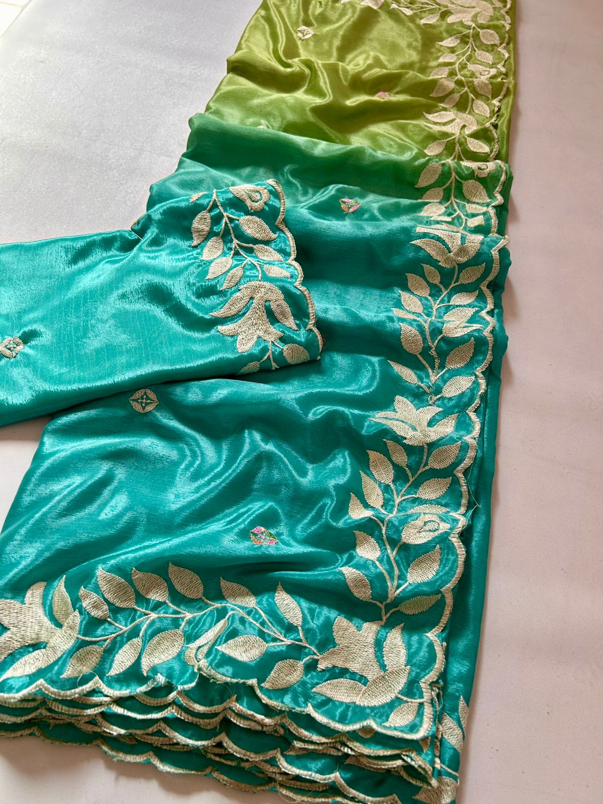 New Partywear Soft Chinnon Saree With Heavy Embroidery work And Jari Work And Border