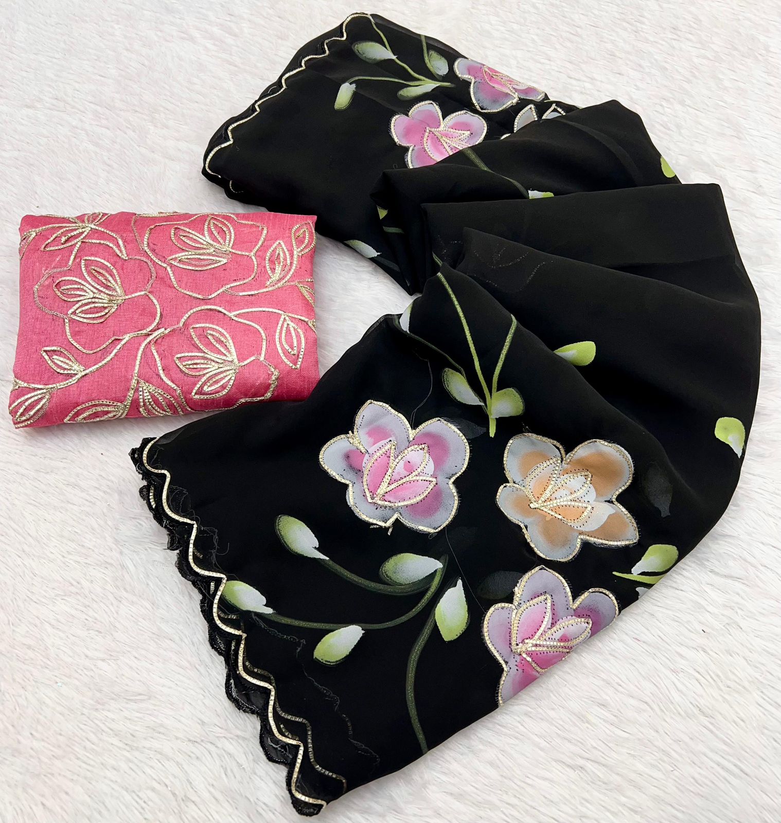 New Partywear Soft Georgette Fabric With Beautiful Floral Brush Print And Ribbon Work In Body And Cutwork Border With Contrast Art Silk Blouse