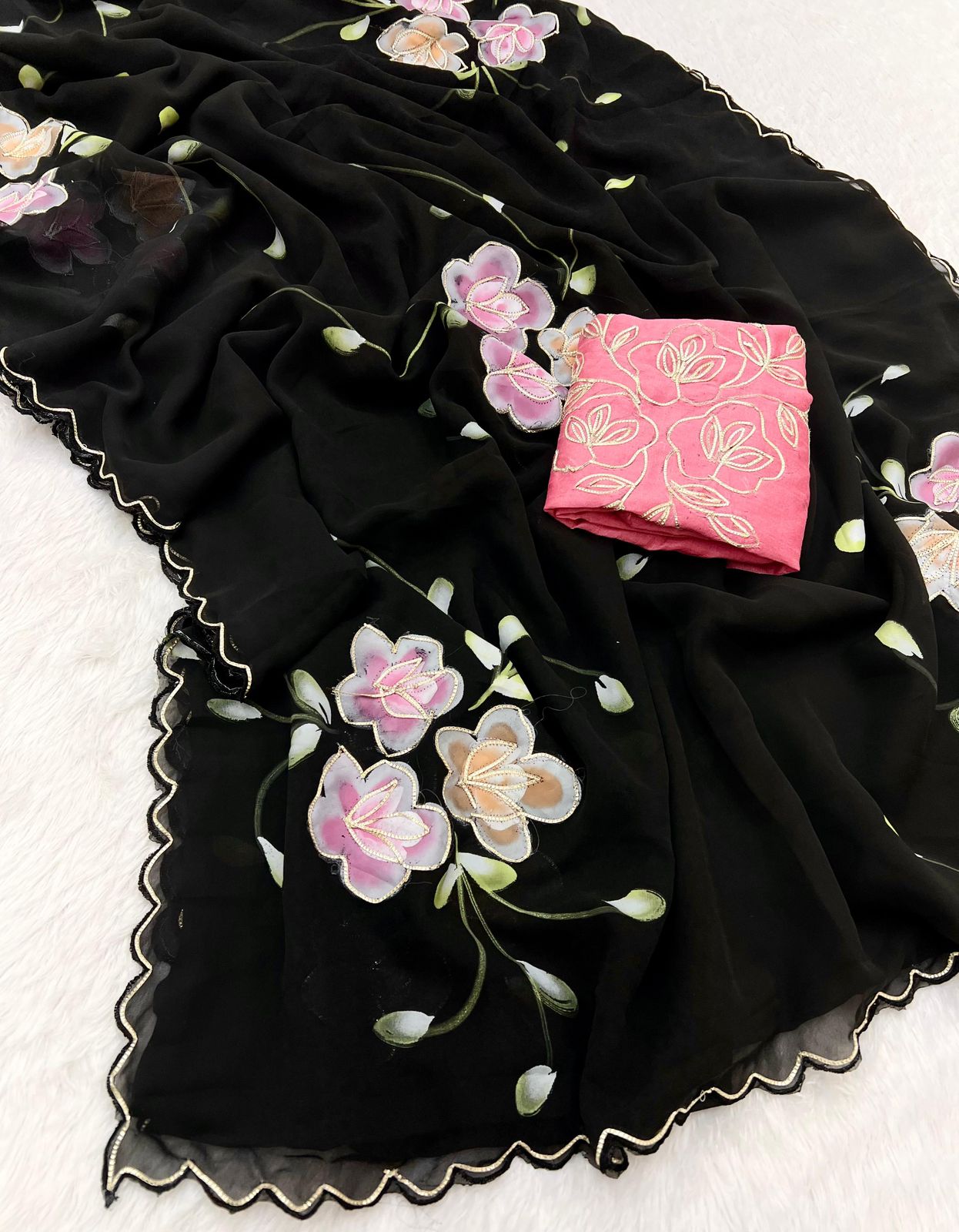 New Partywear Soft Georgette Fabric With Beautiful Floral Brush Print And Ribbon Work In Body And Cutwork Border With Contrast Art Silk Blouse