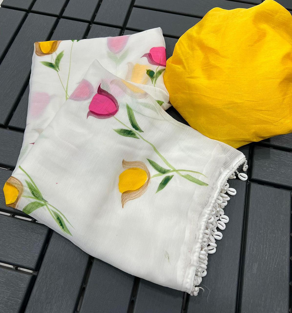 New Partywear Chiffon Fabric With Beautiful Floral Handbrush Print With Foil And Fancy (Moti ) Lace Bordar With Contrast Art Silk Blouse