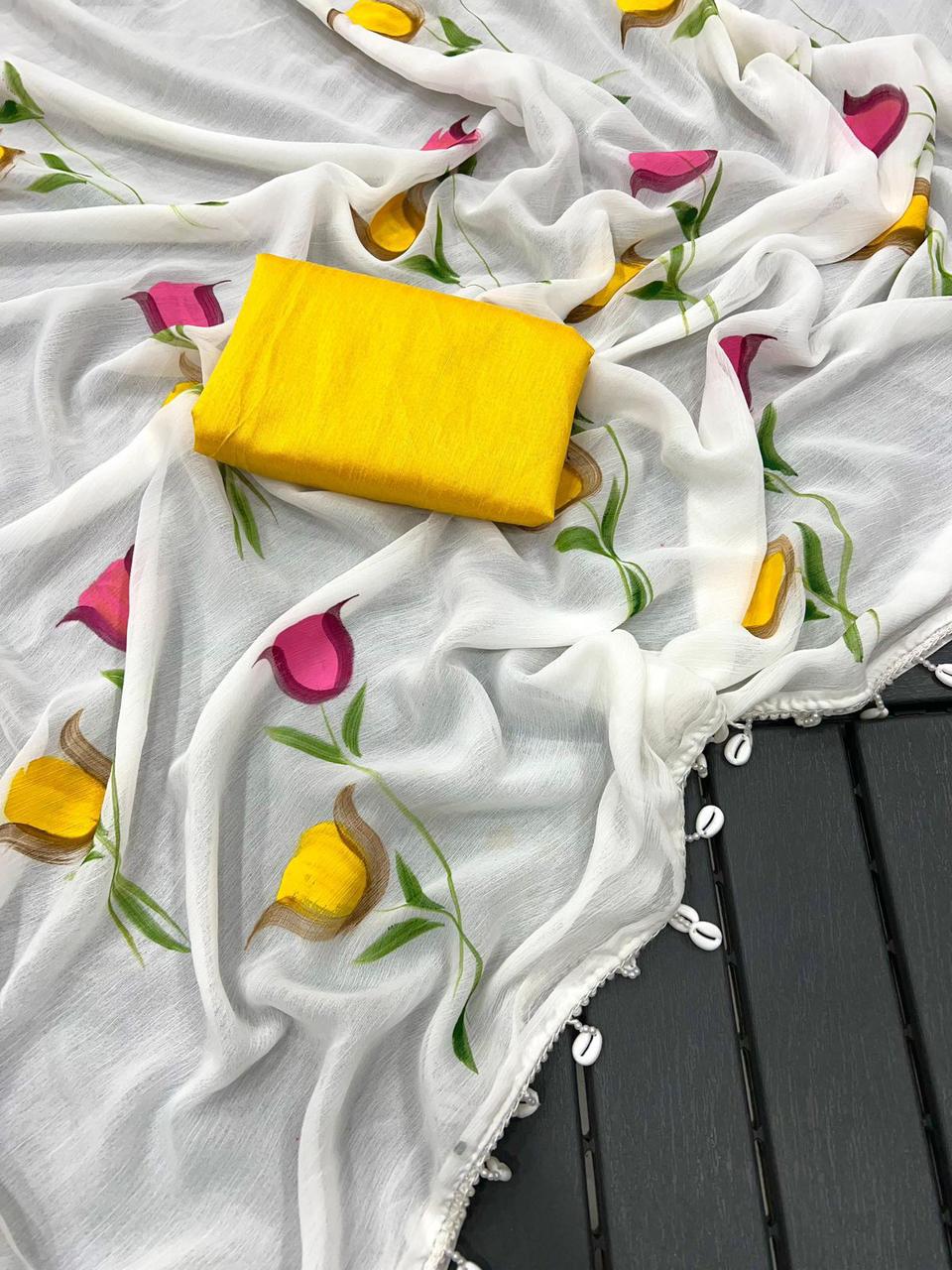 New Partywear Chiffon Fabric With Beautiful Floral Handbrush Print With Foil And Fancy (Moti ) Lace Bordar With Contrast Art Silk Blouse