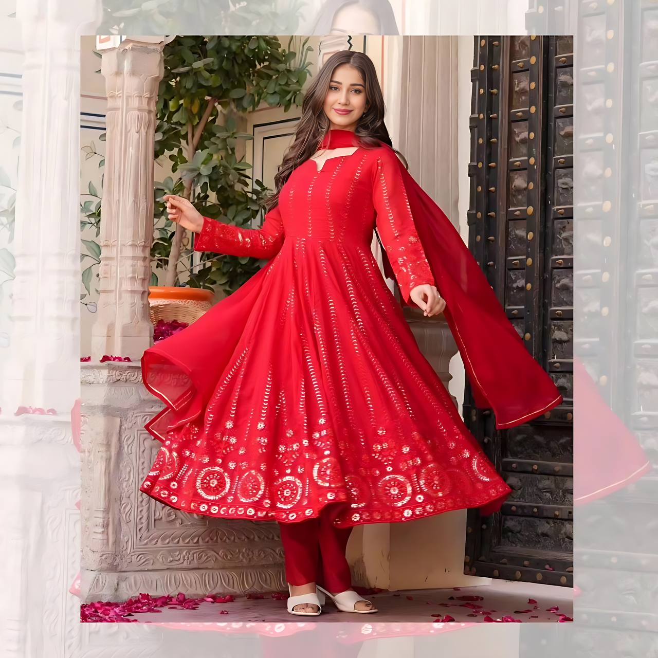 Premium Ready-Made Anarkali Suit Set [3 Pieces]– Red