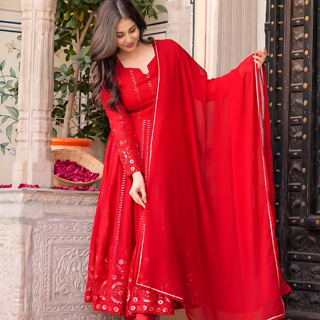 Premium Ready-Made Anarkali Suit Set [3 Pieces]– Red