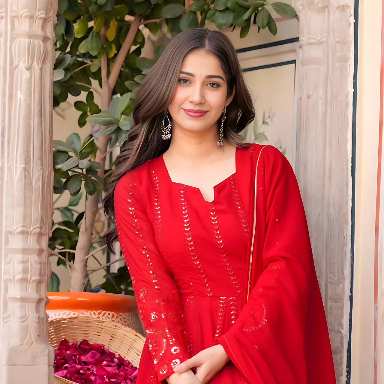 Premium Ready-Made Anarkali Suit Set [3 Pieces]– Red