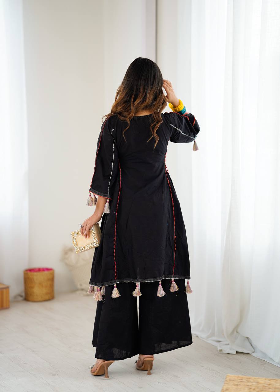 Beautiful Navratri Special White Designer Pure Khadi Cotton Embroidery sequence work Kurta With Plazzo Set