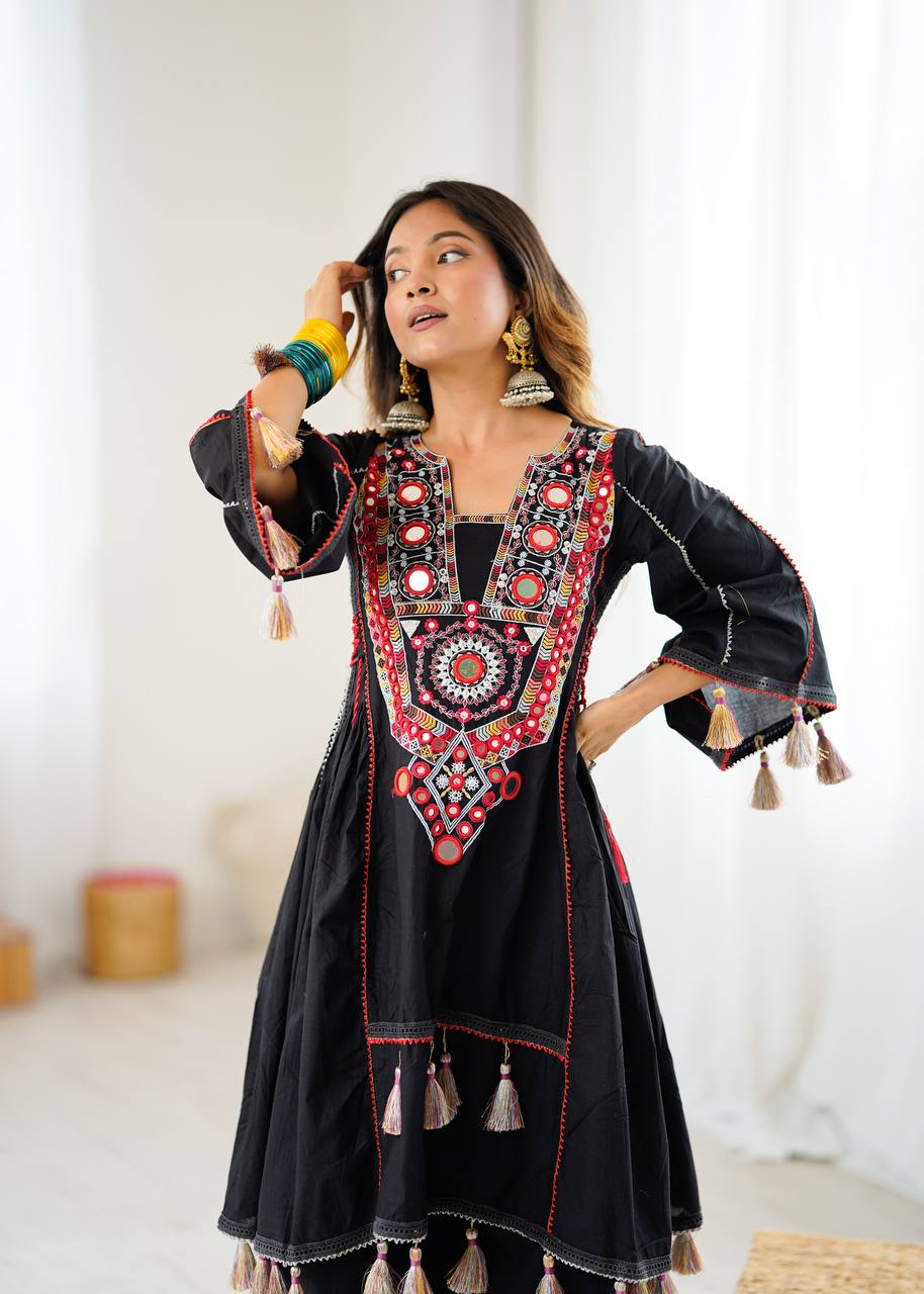 Beautiful Navratri Special White Designer Pure Khadi Cotton Embroidery sequence work Kurta With Plazzo Set