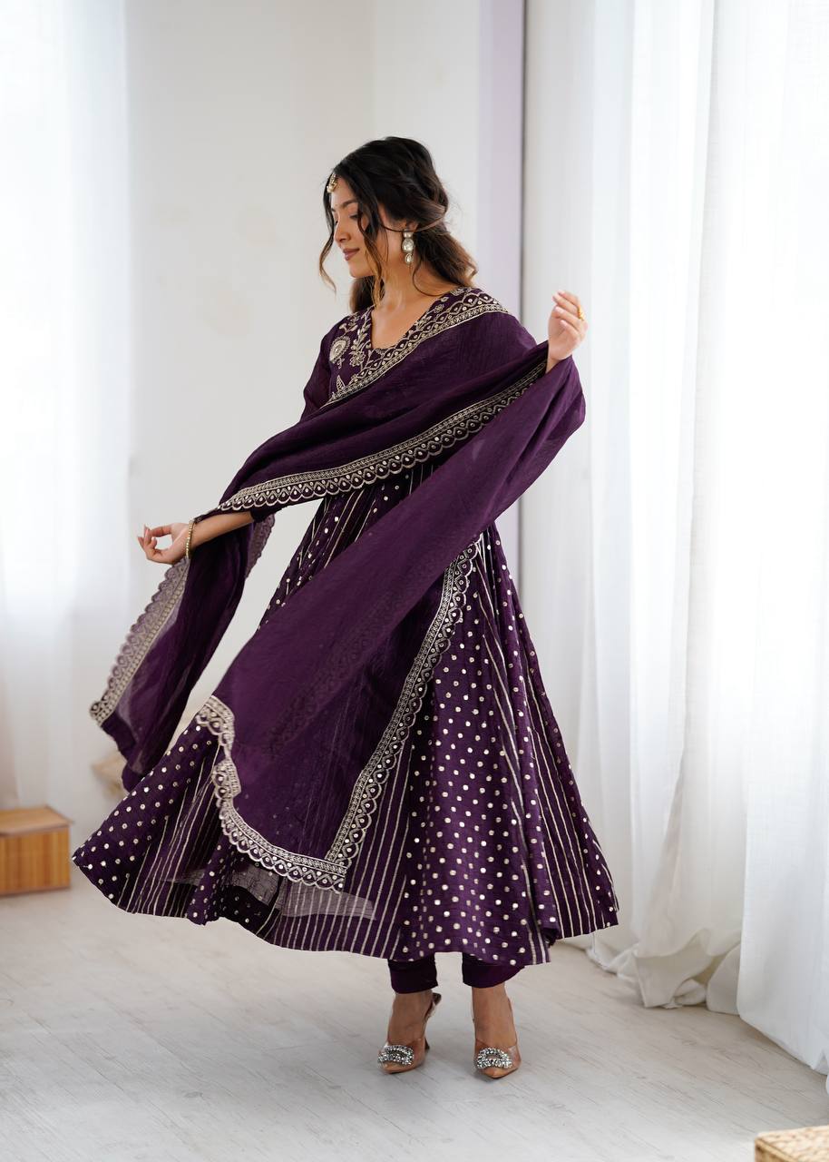 Purple Color Premium Designer Anarkali Gown With Pan And Dupatta
