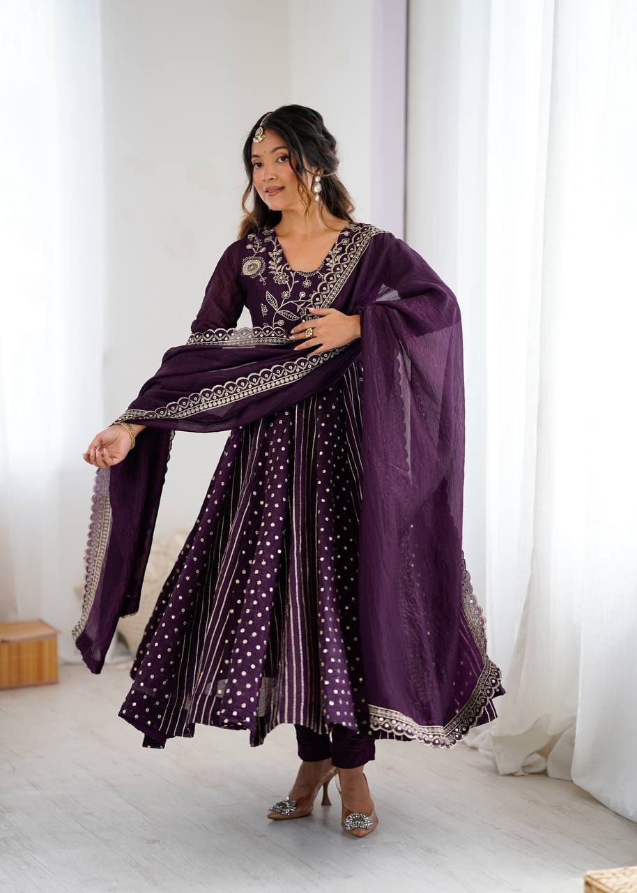 Purple Color Premium Designer Anarkali Gown With Pan And Dupatta