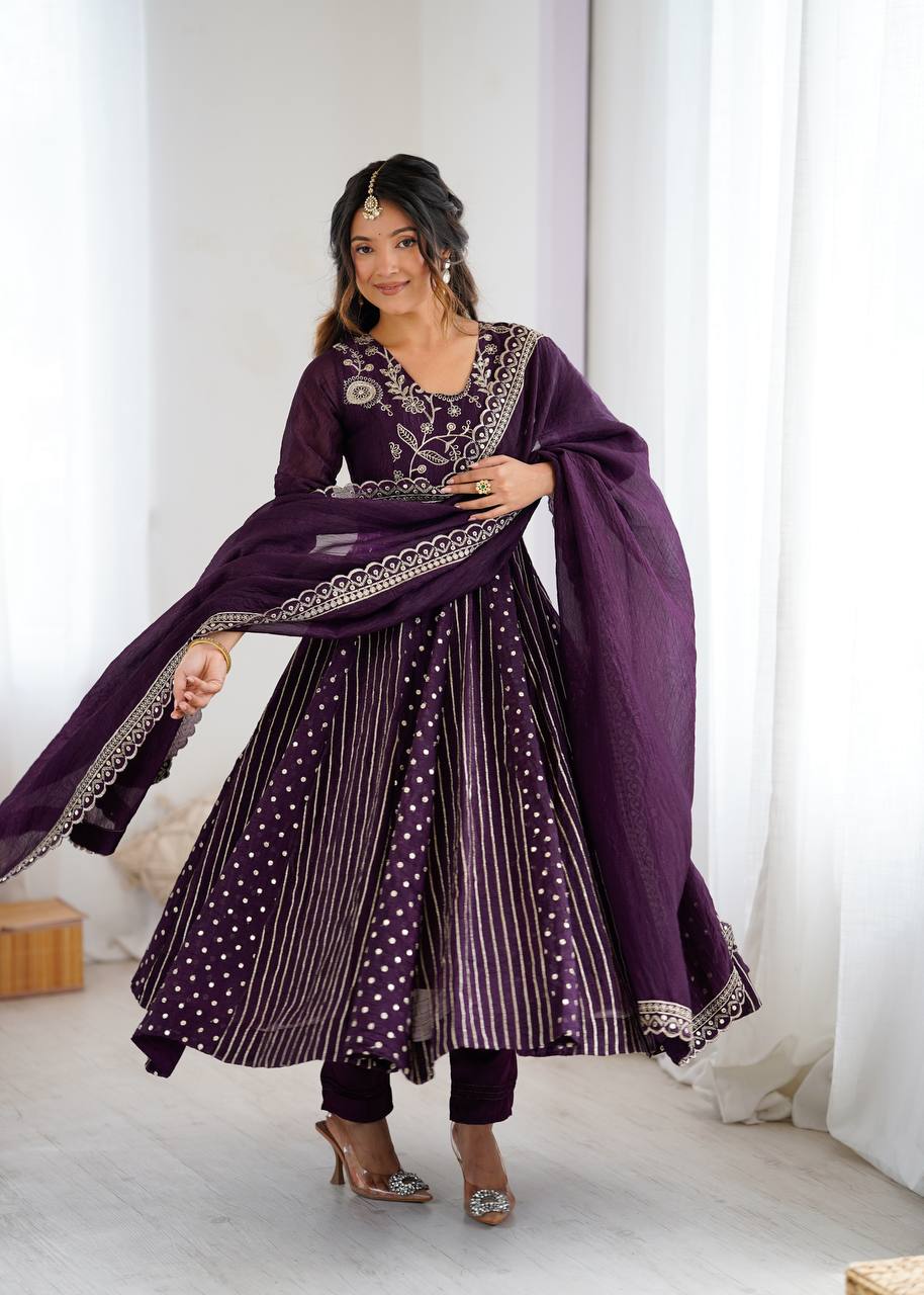Purple Color Premium Designer Anarkali Gown With Pan And Dupatta