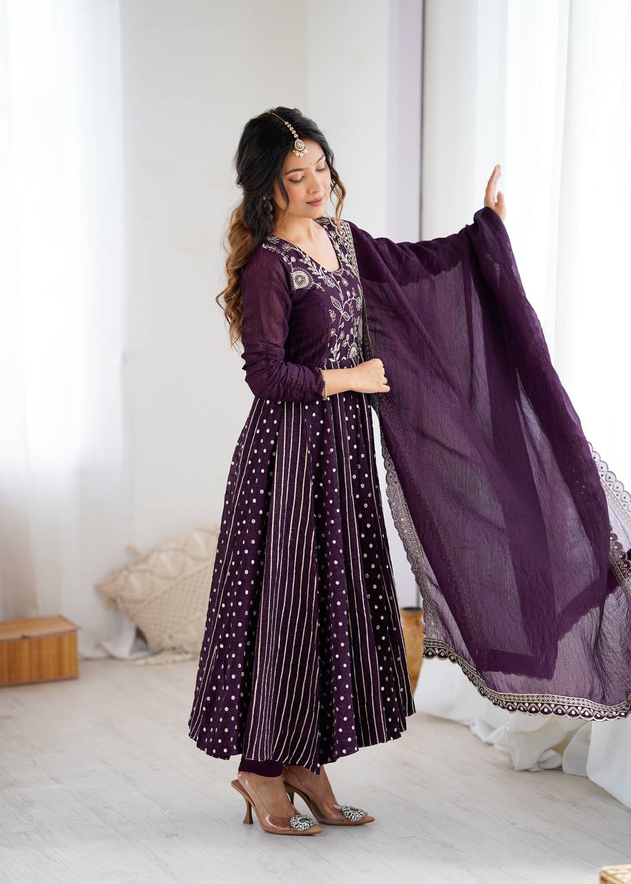 Purple Color Premium Designer Anarkali Gown With Pan And Dupatta
