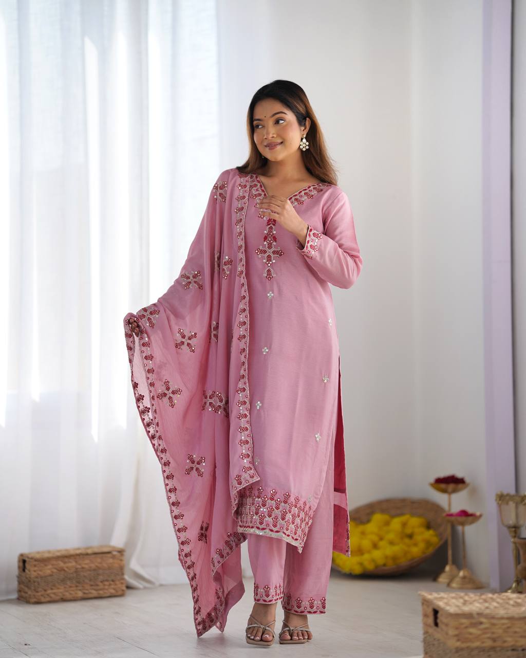 New Partywear Heavy Pure Chinnon Silk Kurta With Pant Set