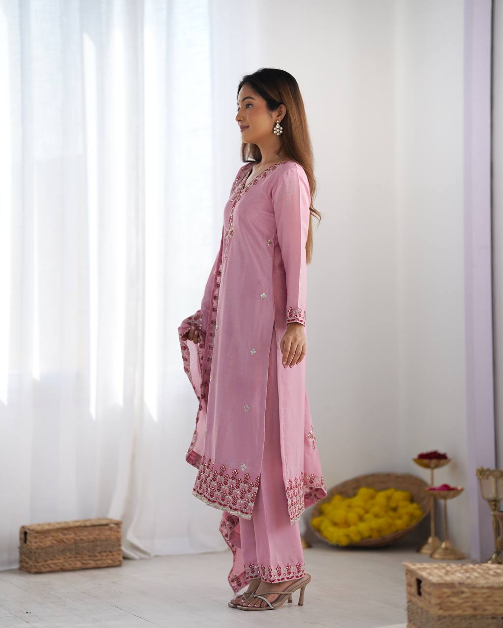 New Partywear Heavy Pure Chinnon Silk Kurta With Pant Set