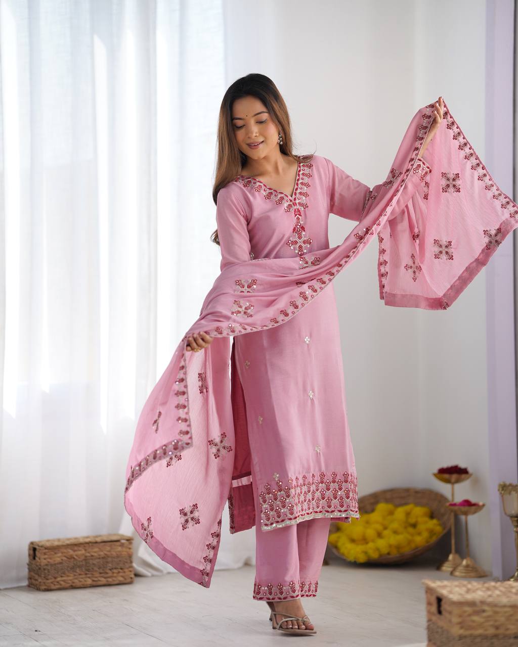 New Partywear Heavy Pure Chinnon Silk Kurta With Pant Set