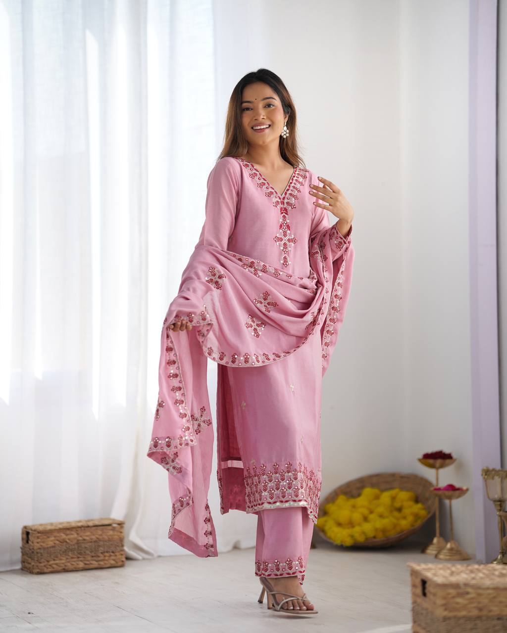 New Partywear Heavy Pure Chinnon Silk Kurta With Pant Set