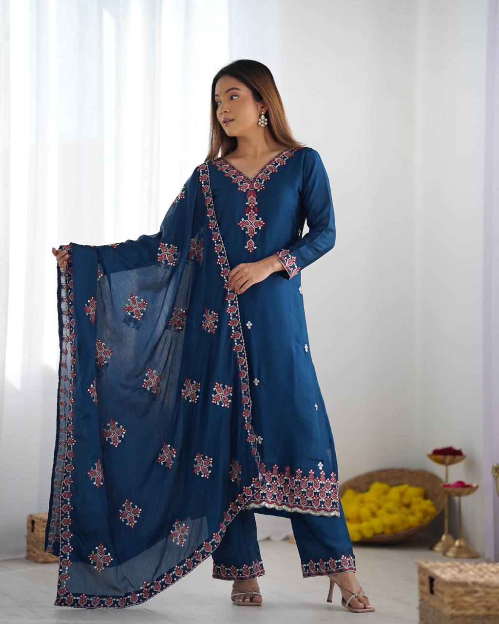New Partywear Heavy Pure Chinnon Silk Kurta With Pant Set