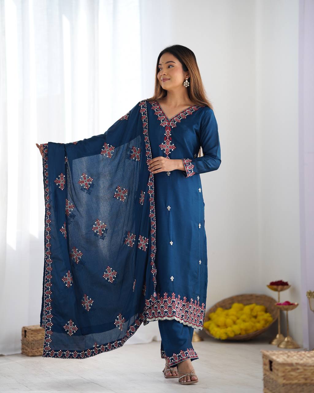 New Partywear Heavy Pure Chinnon Silk Kurta With Pant Set