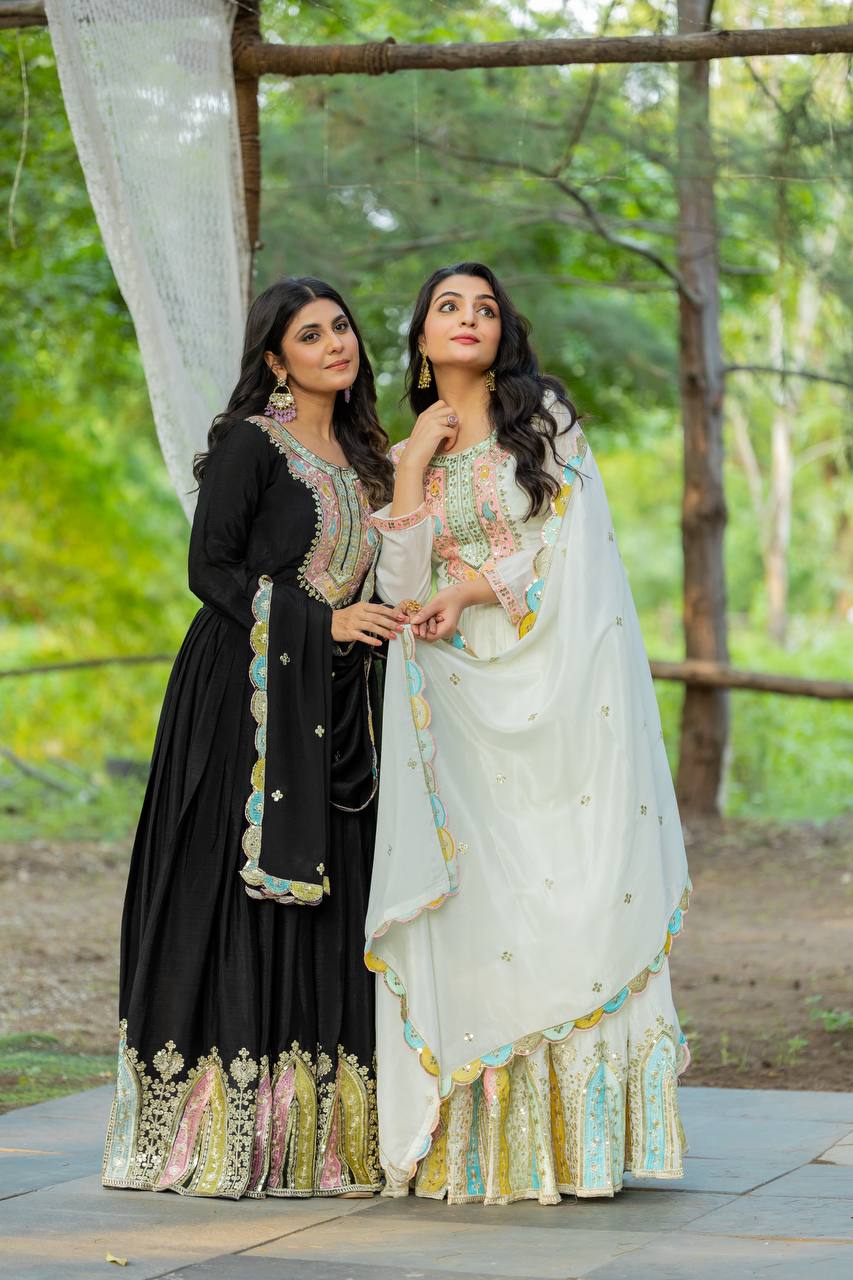 Elegant Heavy Chinon Silk Embroidered Ensemble