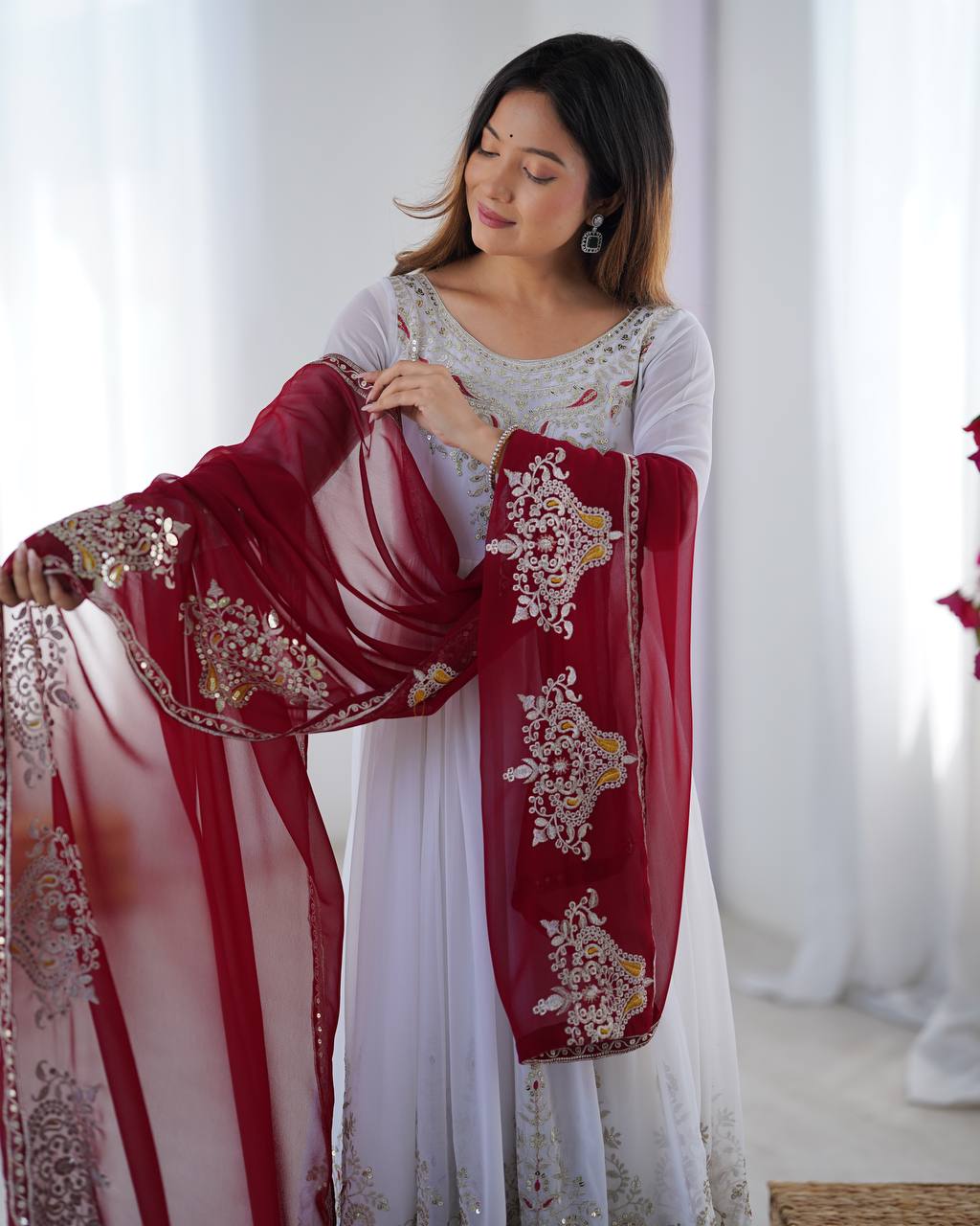 White Heavy Georgette Anarkali Kurta With Pant