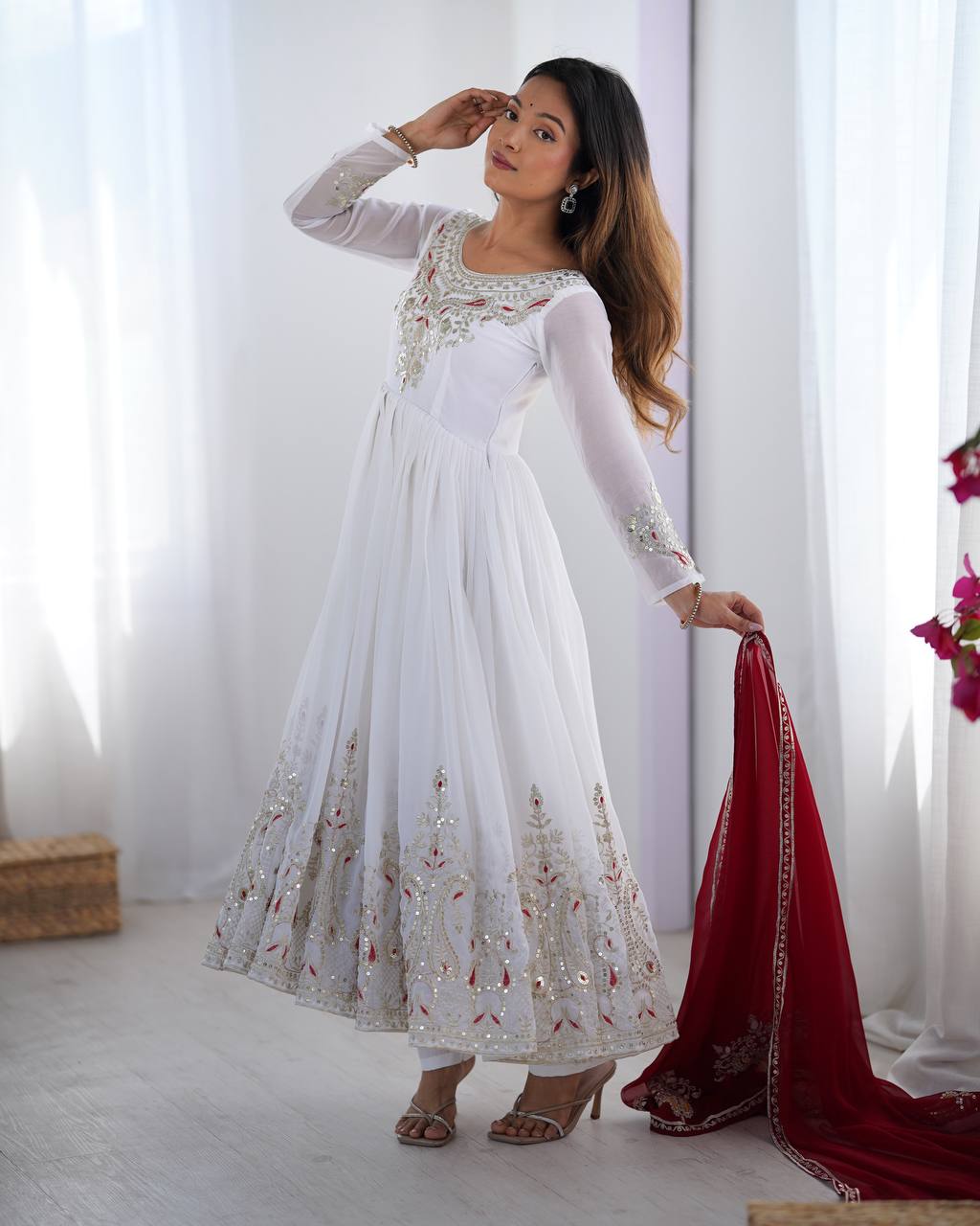 White Heavy Georgette Anarkali Kurta With Pant