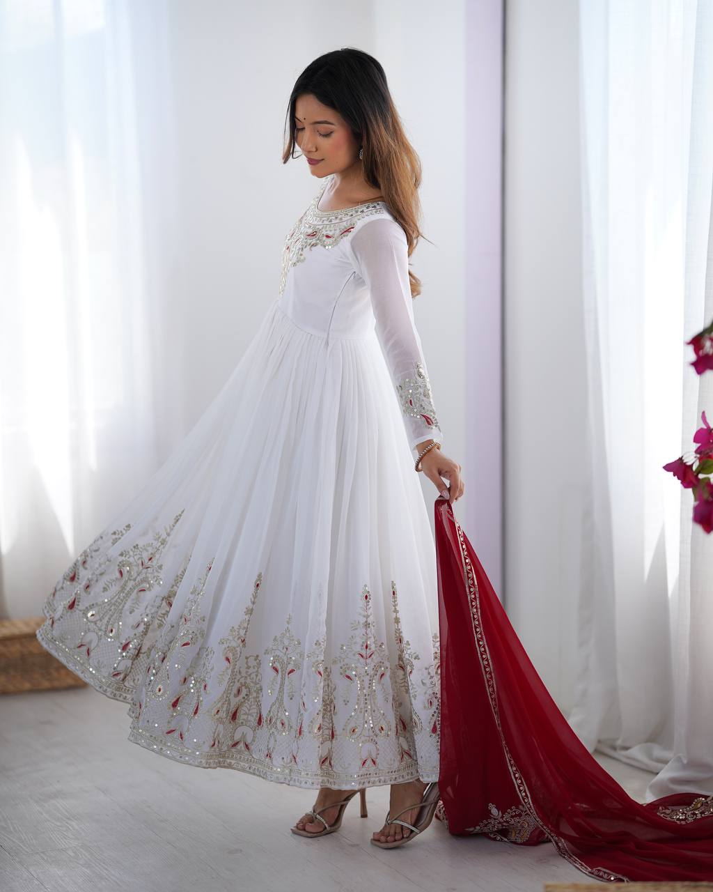 White Heavy Georgette Anarkali Kurta With Pant