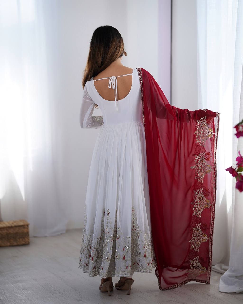 White Heavy Georgette Anarkali Kurta With Pant