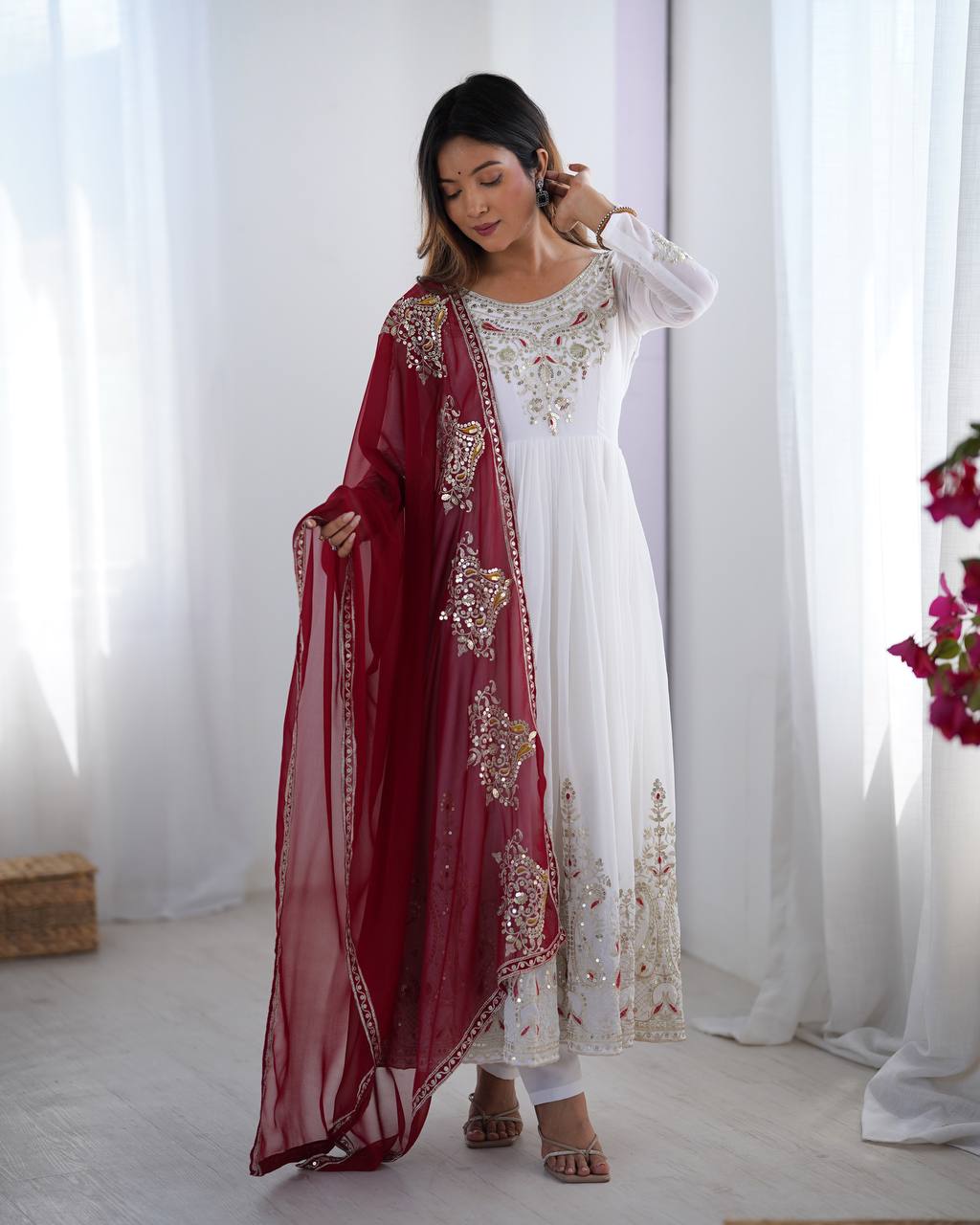 White Heavy Georgette Anarkali Kurta With Pant