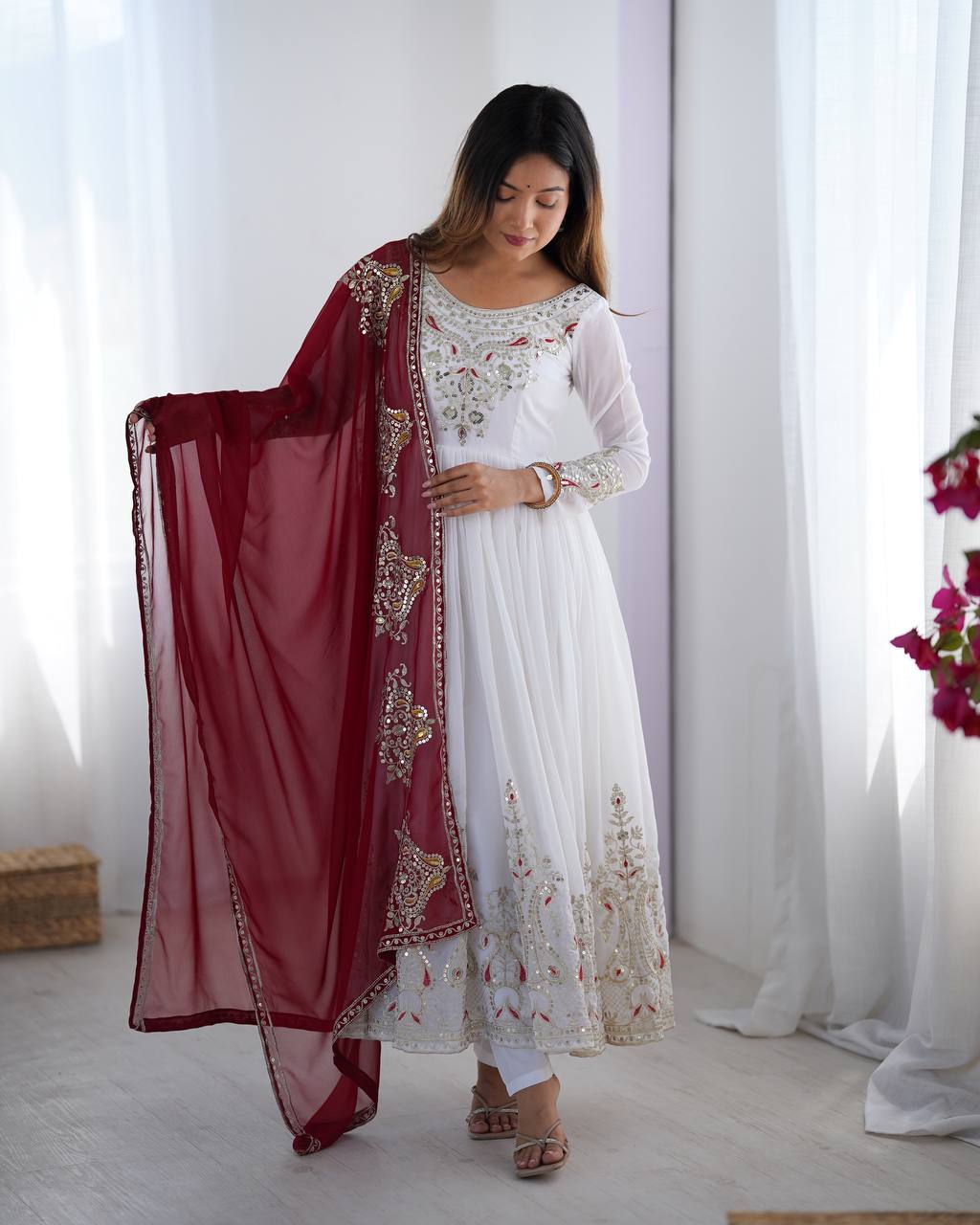 White Heavy Georgette Anarkali Kurta With Pant
