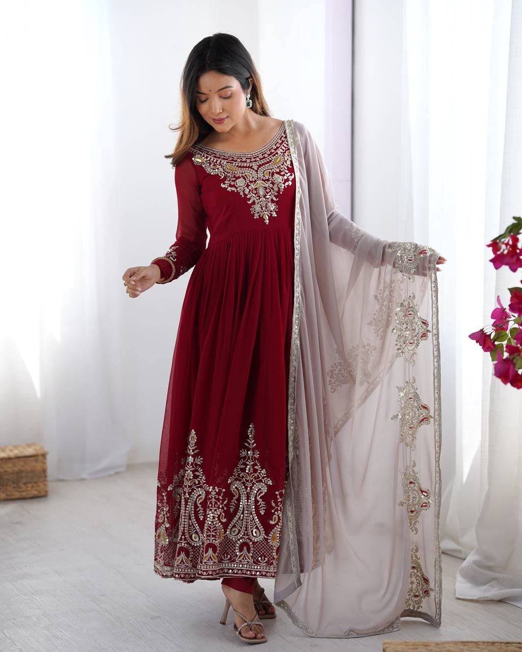 Maroon Heavy Georgette Anarkali Kurta With Pant