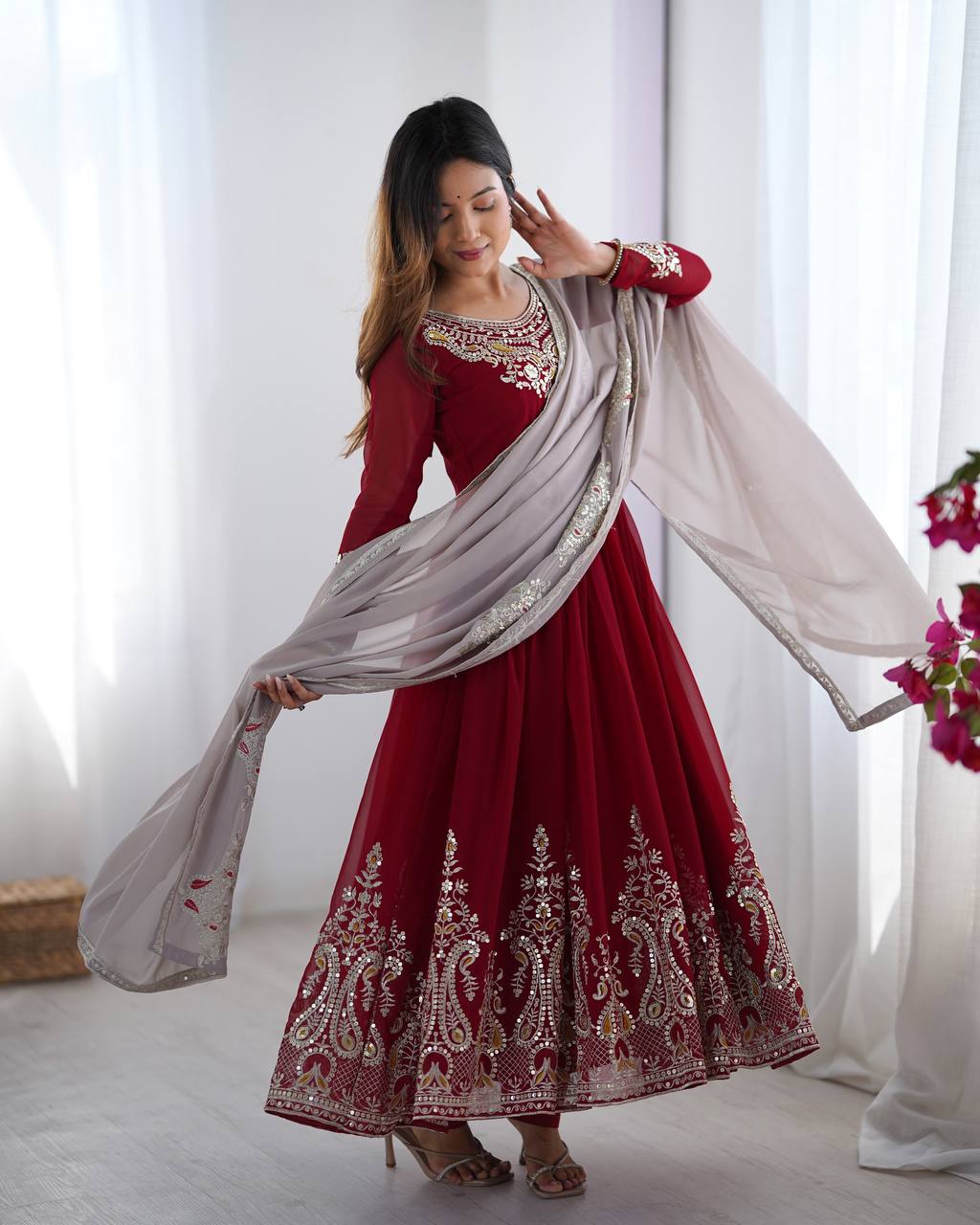 Maroon Heavy Georgette Anarkali Kurta With Pant