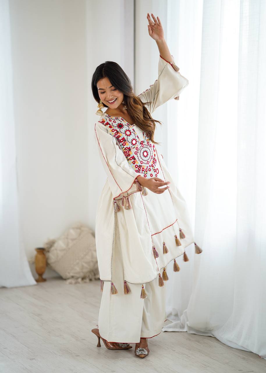 Beautiful Navratri Special White Designer Pure Khadi Cotton Embroidery sequence work Kurta With Plazzo Set