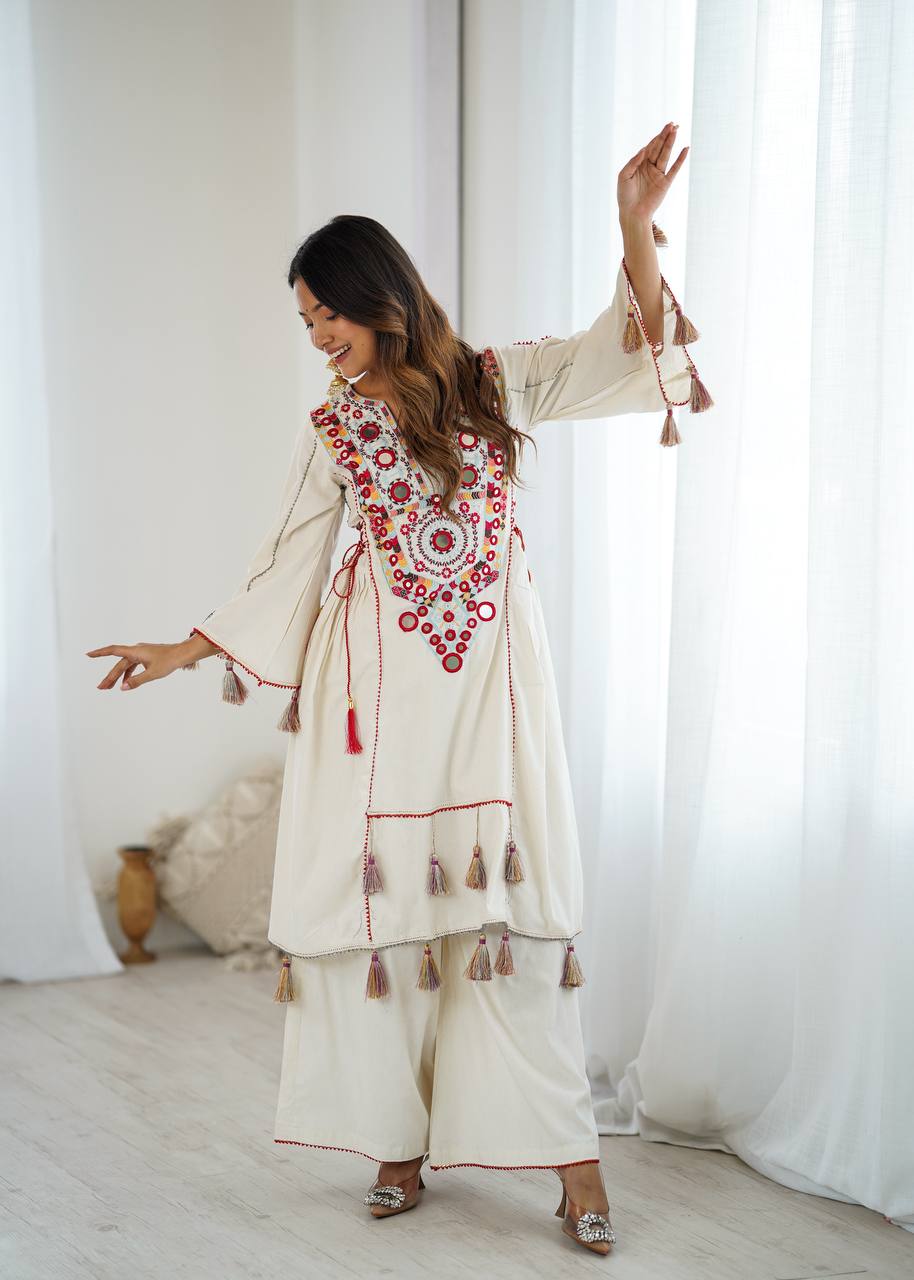 Beautiful Navratri Special White Designer Pure Khadi Cotton Embroidery sequence work Kurta With Plazzo Set