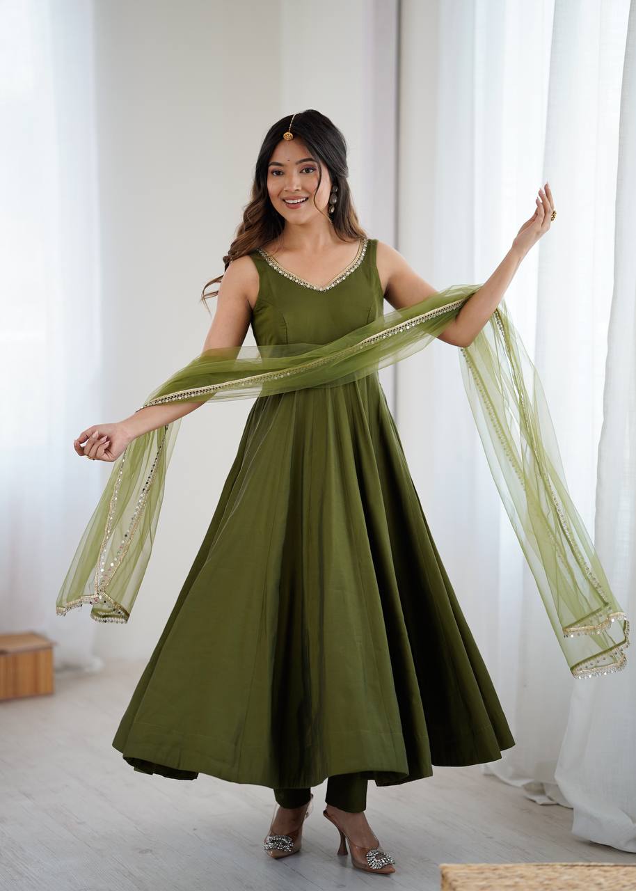 Elegant Roman Silk Chanderi Anarkali Set