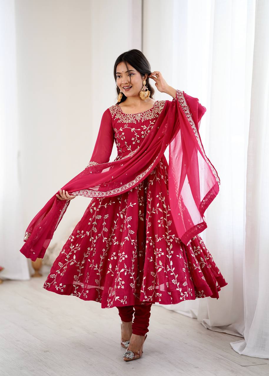 Designer Faux Georgette Embroidered Anarkali Set