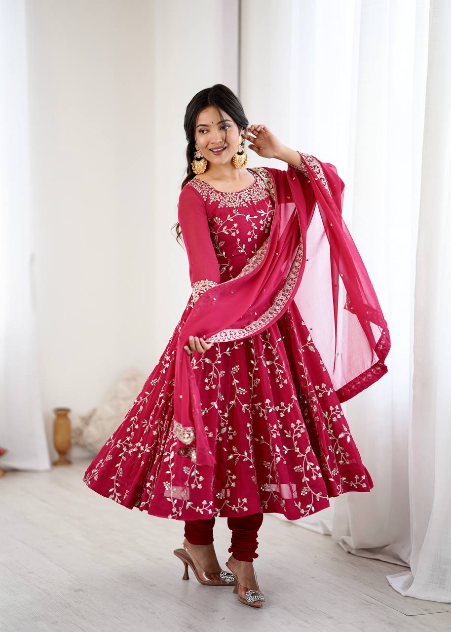 Designer Faux Georgette Embroidered Anarkali Set