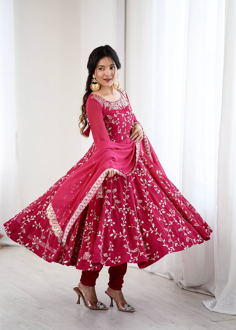 Designer Faux Georgette Embroidered Anarkali Set