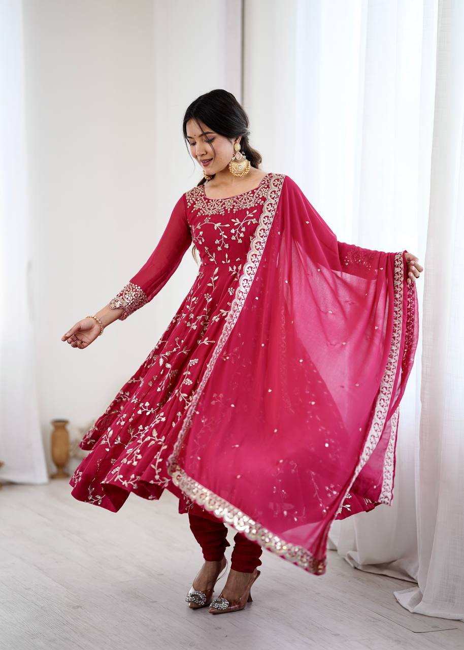 Designer Faux Georgette Embroidered Anarkali Set
