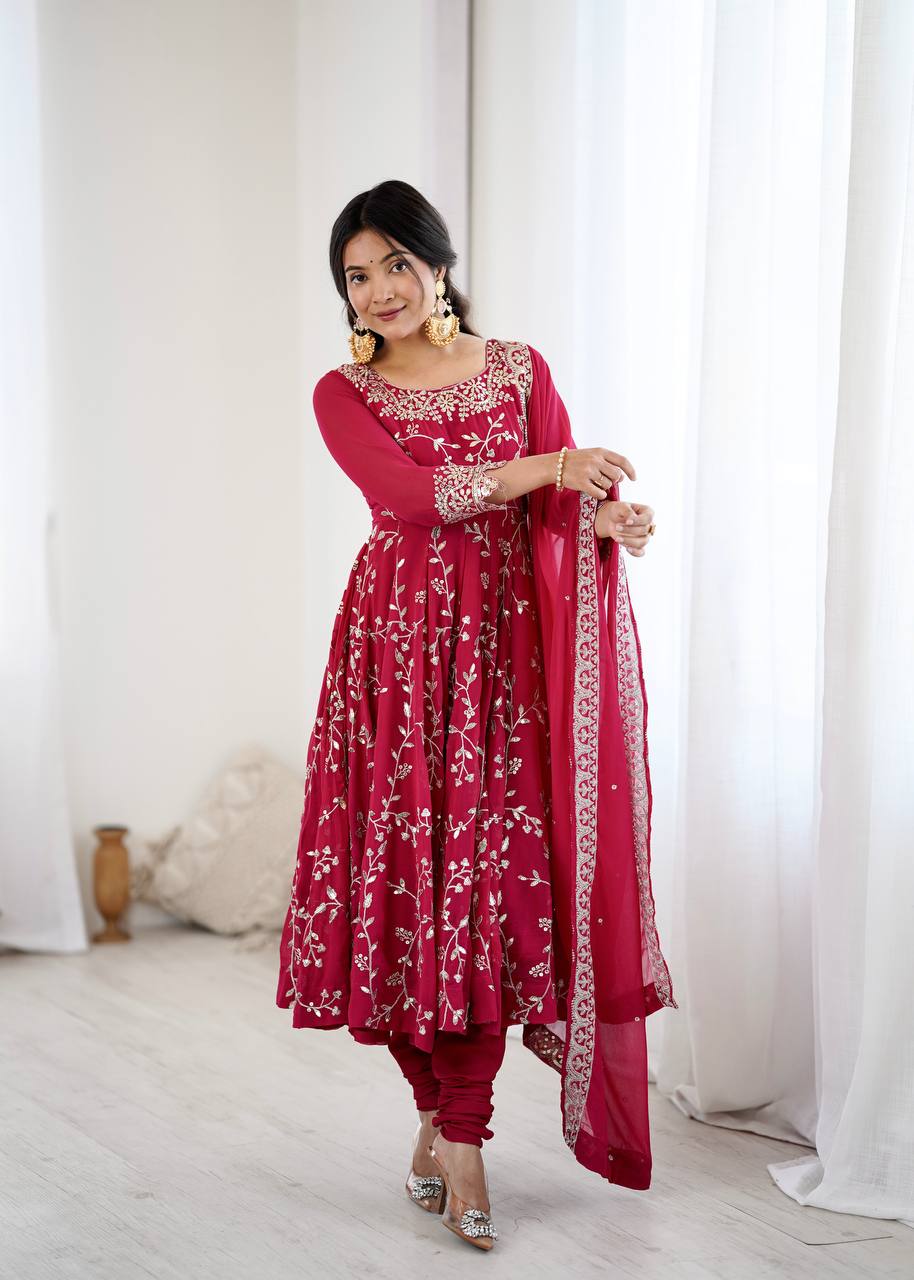 Designer Faux Georgette Embroidered Anarkali Set