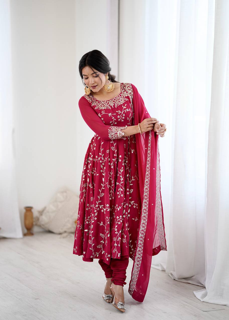 Designer Faux Georgette Embroidered Anarkali Set