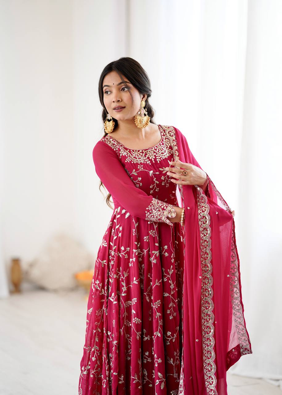 Designer Faux Georgette Embroidered Anarkali Set