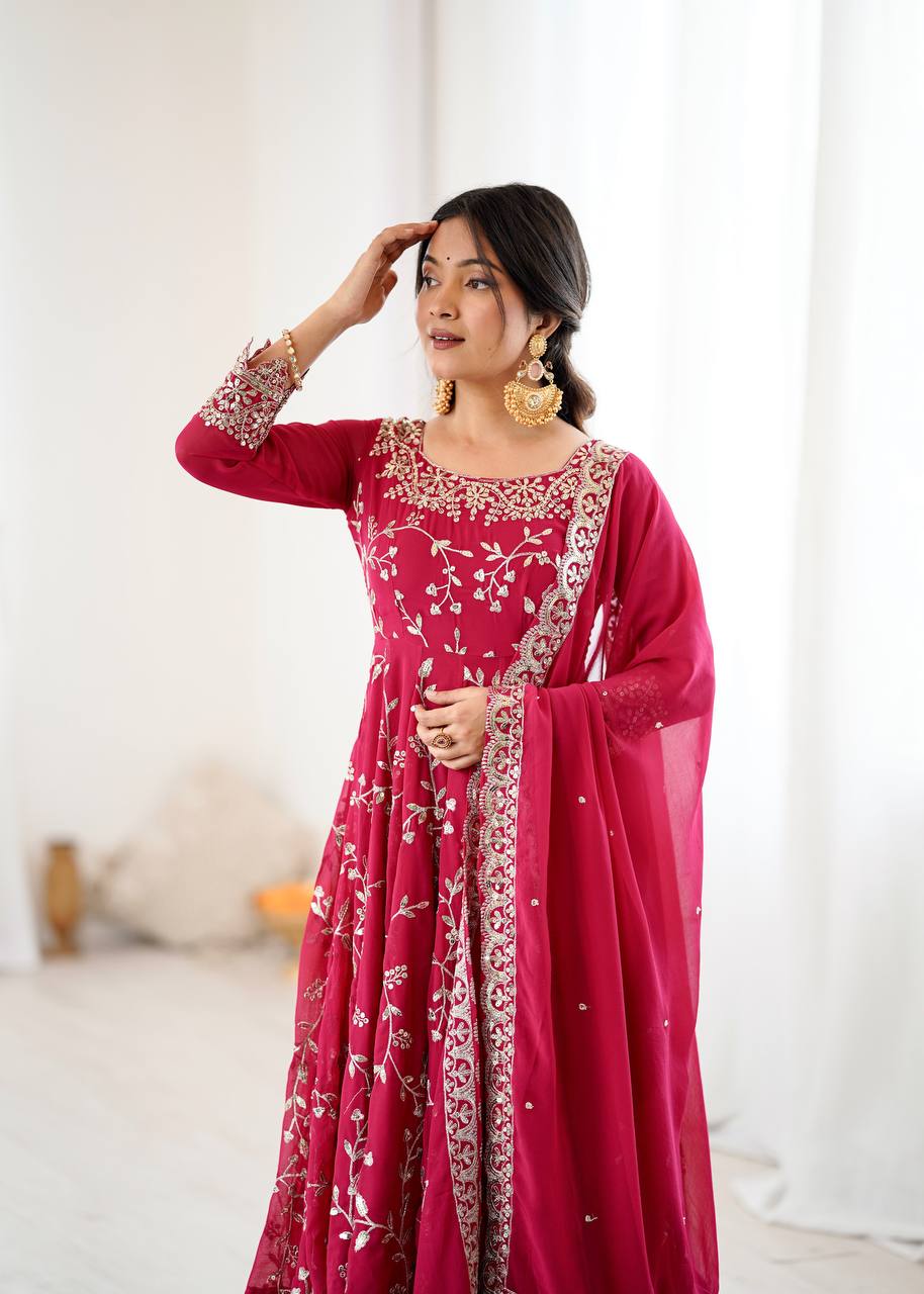 Designer Faux Georgette Embroidered Anarkali Set