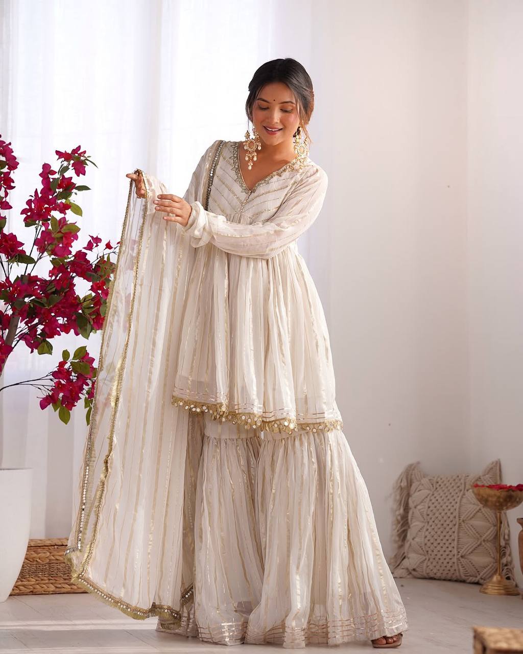 White Color Designer Mal Chanderi Kurta Set