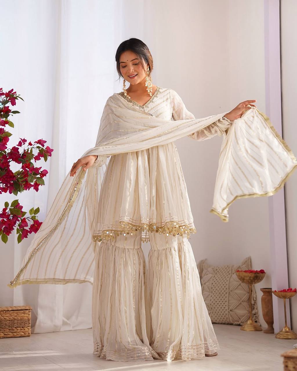 White Color Designer Mal Chanderi Kurta Set