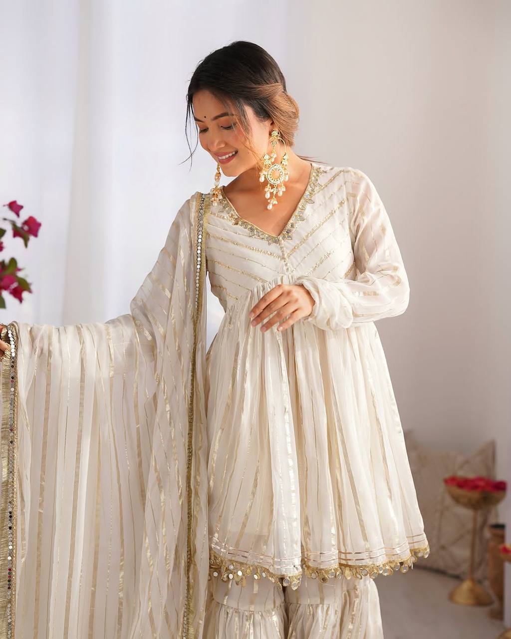 White Color Designer Mal Chanderi Kurta Set