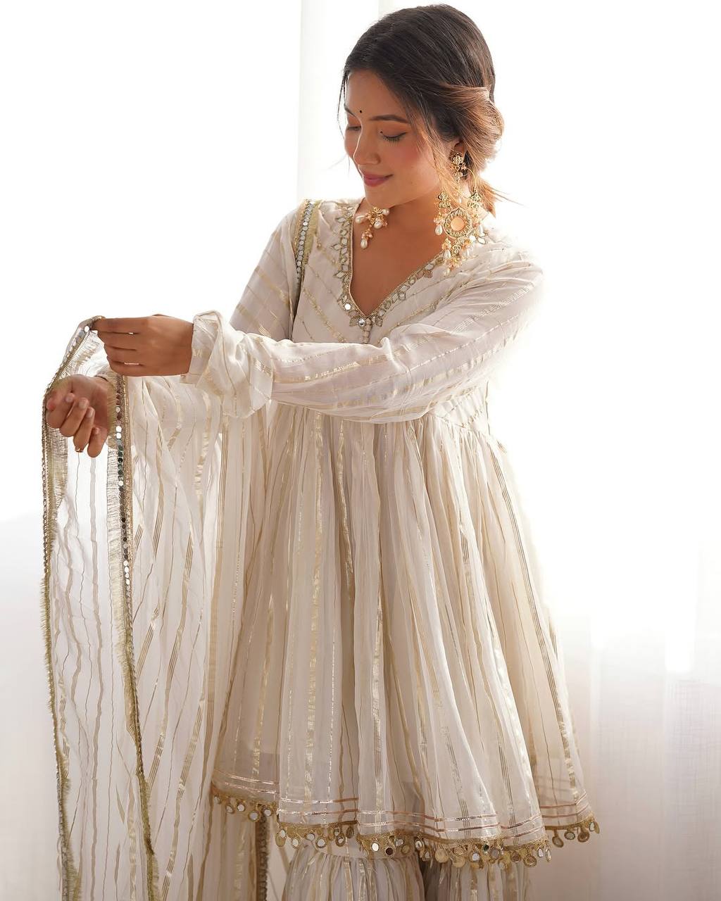 White Color Designer Mal Chanderi Kurta Set