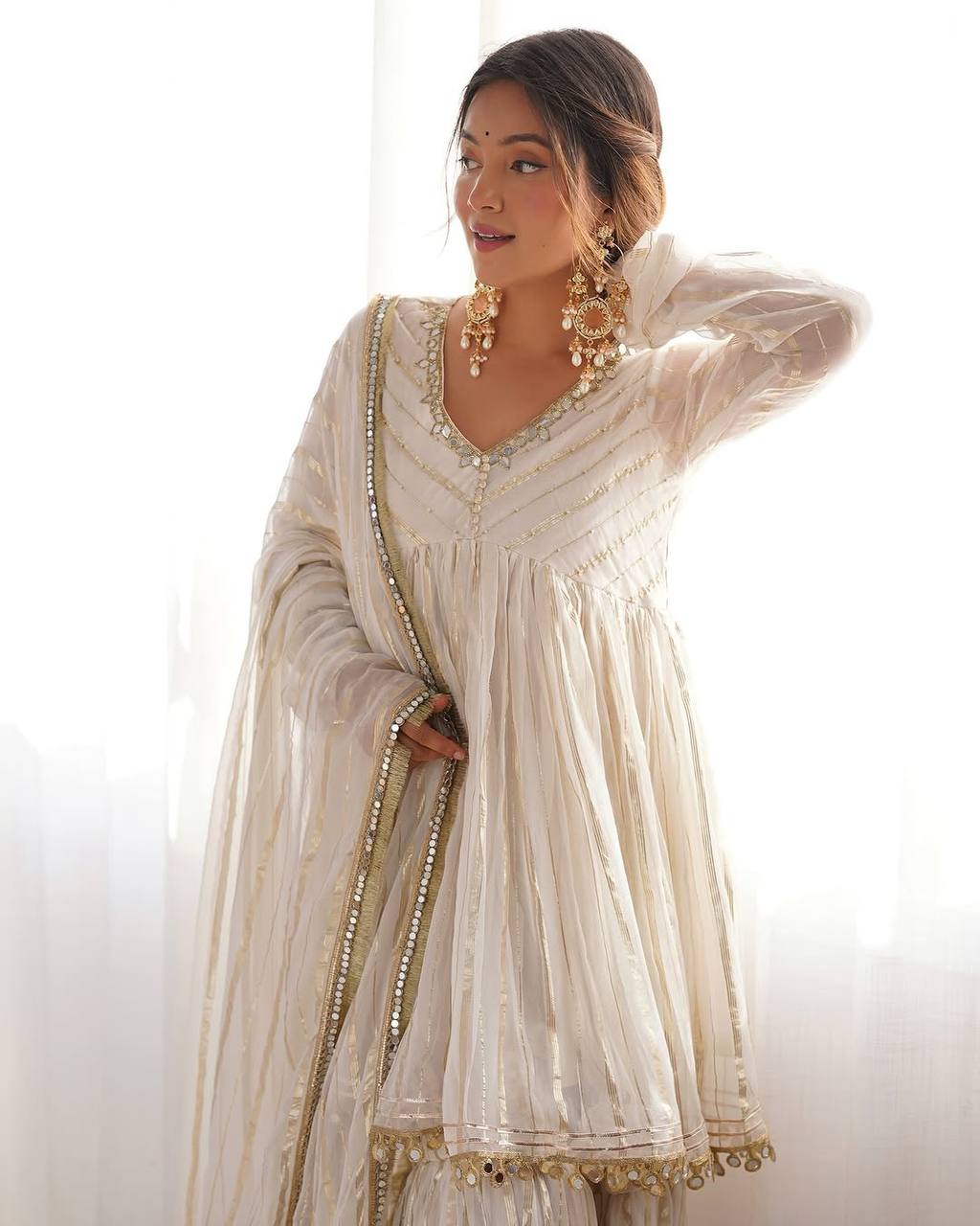 White Color Designer Mal Chanderi Kurta Set