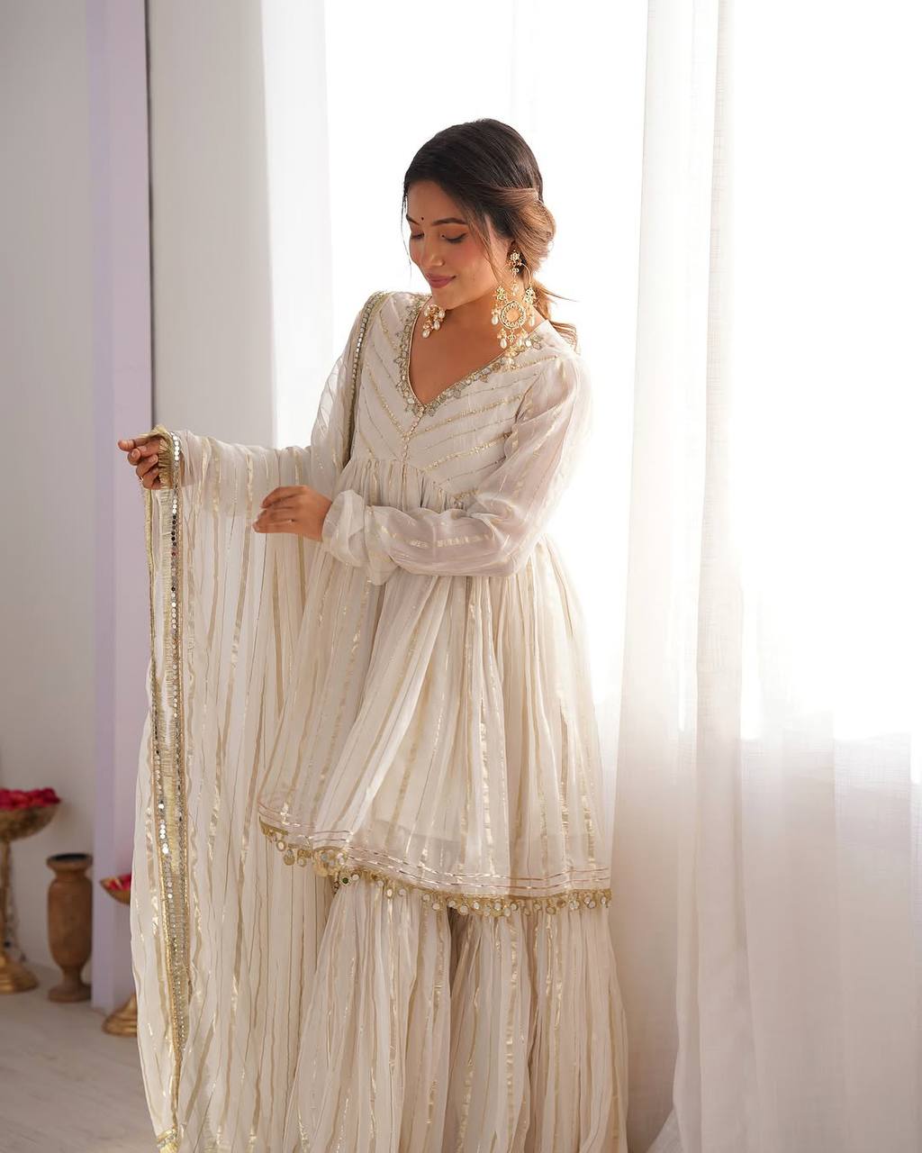 White Color Designer Mal Chanderi Kurta Set