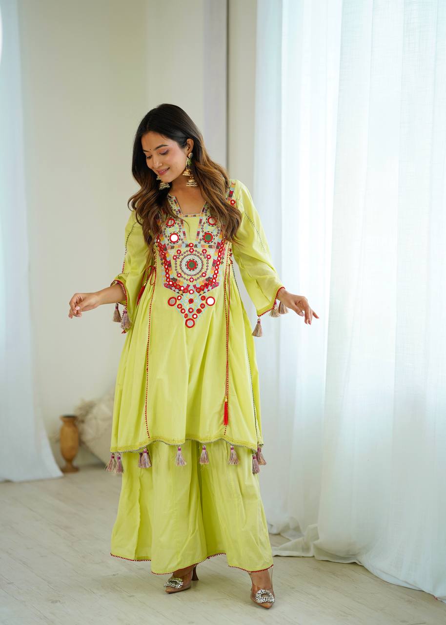 Beautiful Navratri Special White Designer Pure Khadi Cotton Embroidery sequence work Kurta With Plazzo Set
