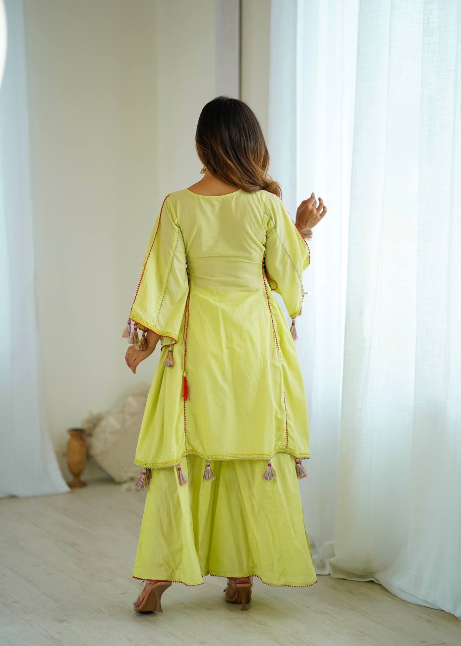 Beautiful Navratri Special White Designer Pure Khadi Cotton Embroidery sequence work Kurta With Plazzo Set