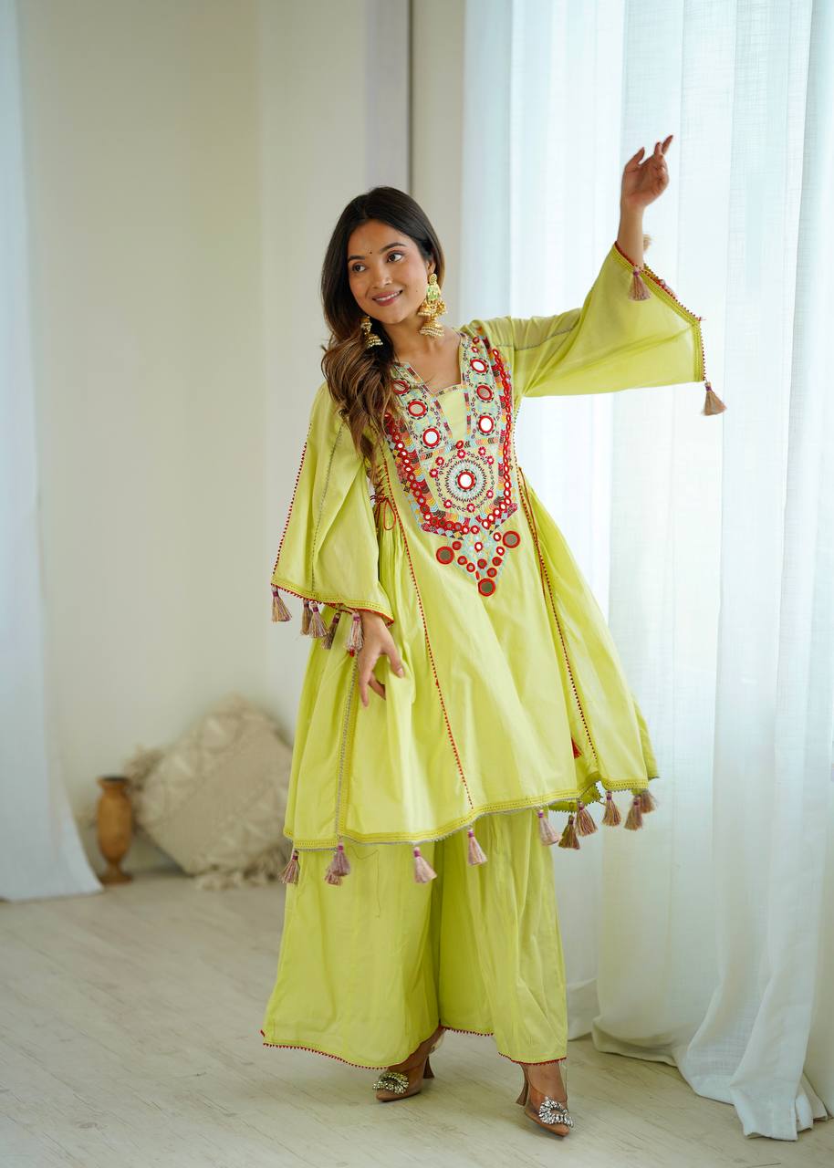 Beautiful Navratri Special White Designer Pure Khadi Cotton Embroidery sequence work Kurta With Plazzo Set